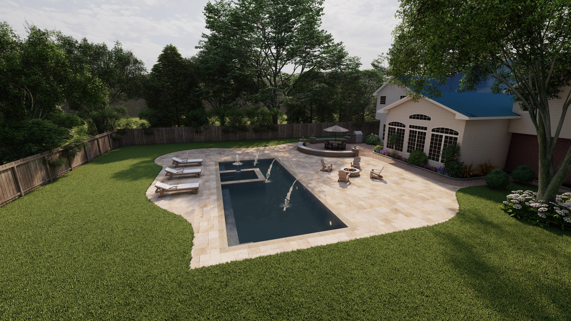 Elevated view of curvilinear patio design